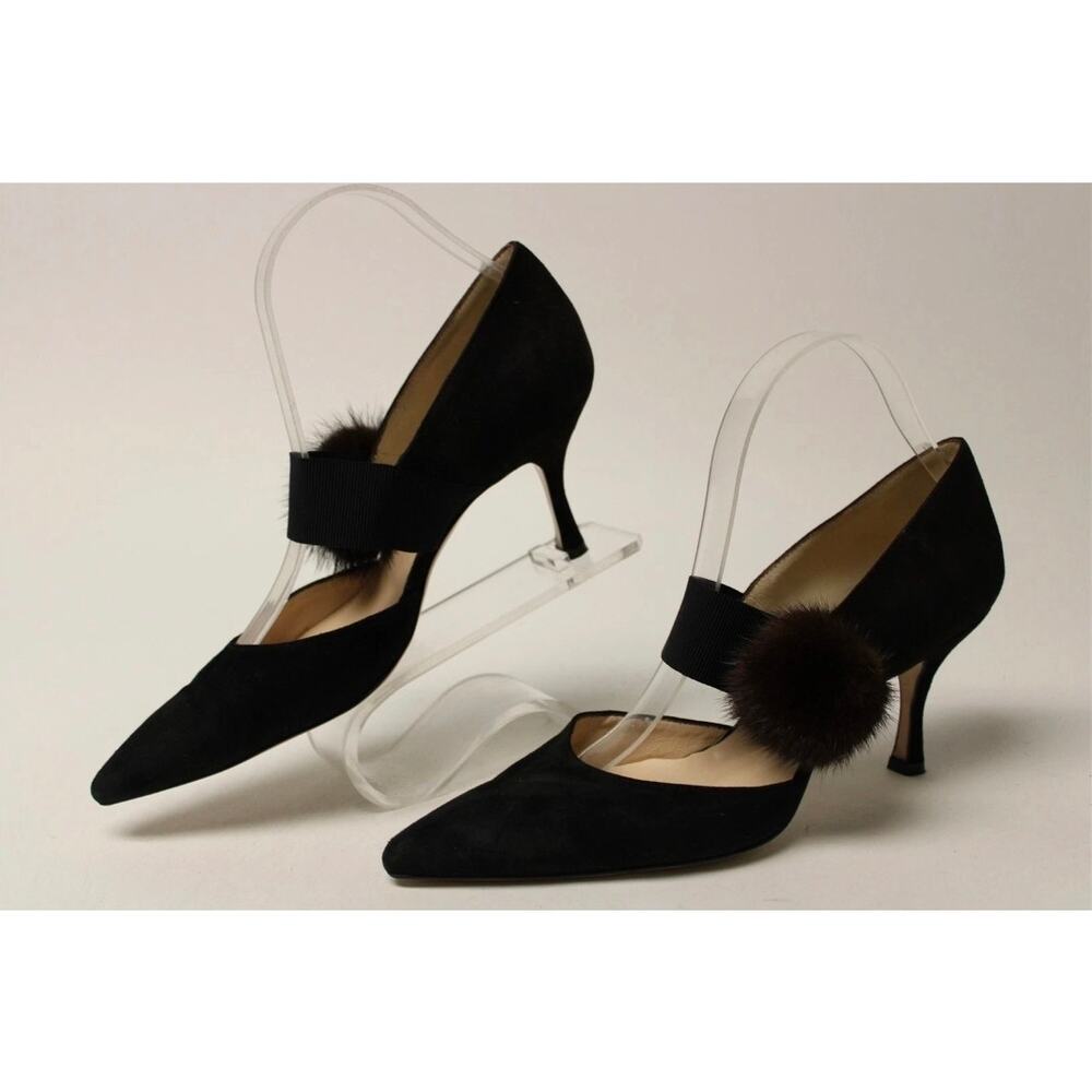 Jet-Set Paris Womens 8 38 Fur Pom Pom Suede Pointed Pumps Shoes Heels - Picture 2 of 16